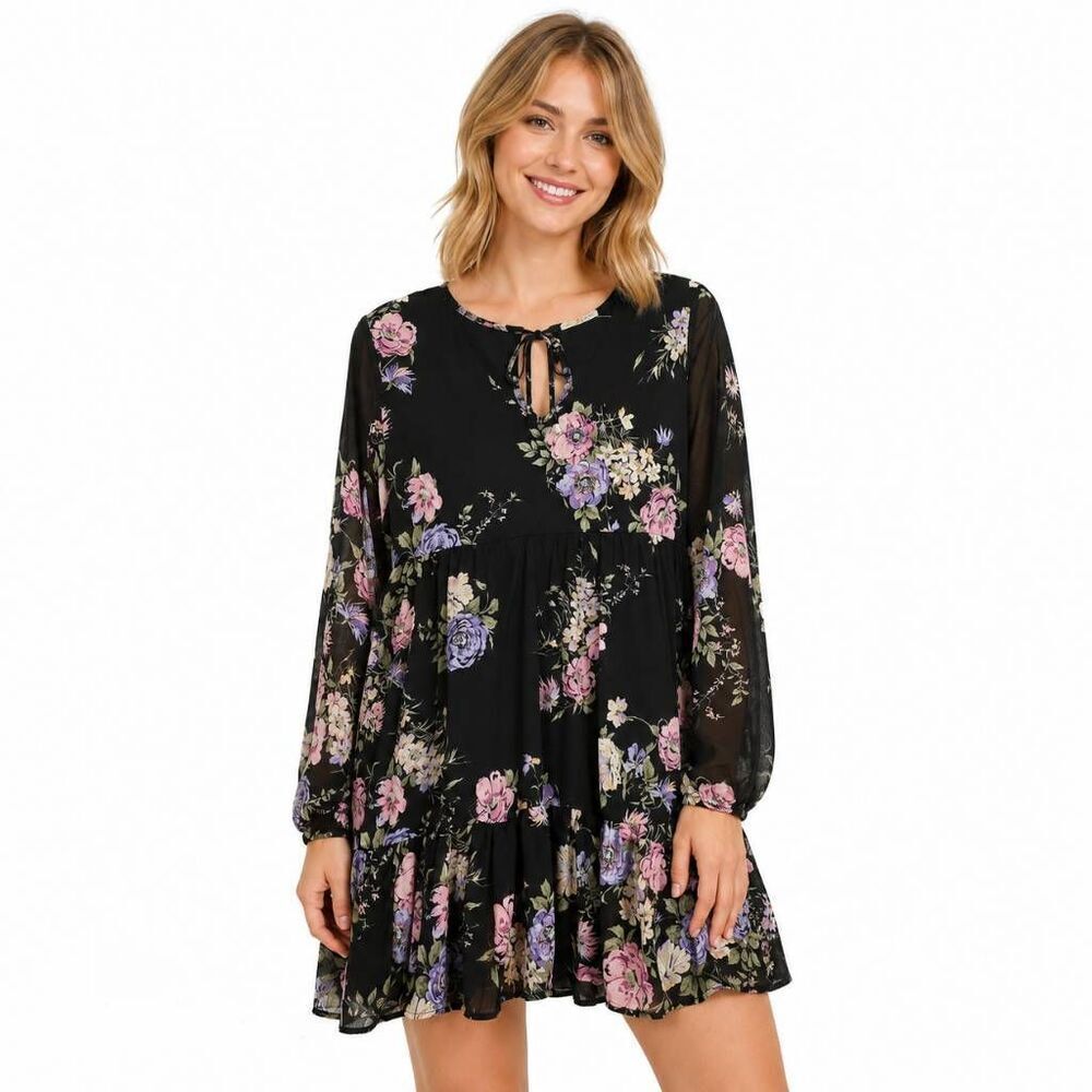 RewindโWomenโs Black Floral Long Sleeve Boho Dress Size M